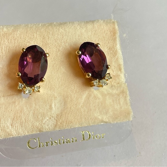 Christian Dior vintage purple amethyst clip on earrings rhinestone luxury - Picture 4 of 10